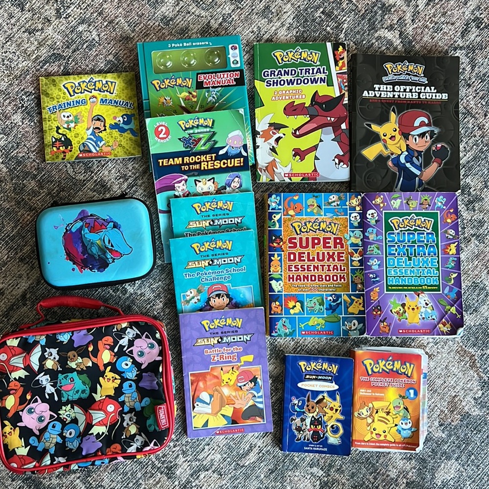 HUGE POKÉMON LOT - 12 books, card case, lunch box, head dress